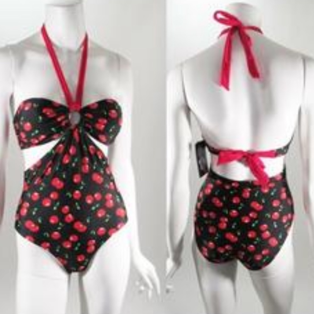 NWT Marilyn Monroe SwimSuit One Piece Size L Black & Red Cherry Halter.